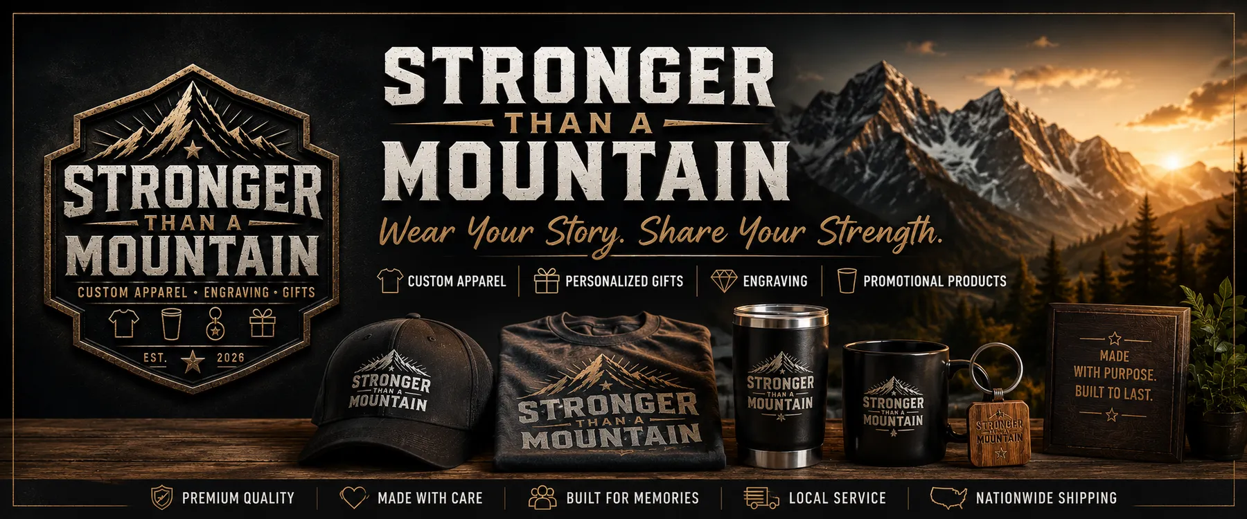 Stronger Than a Mountain brand artwork showing its mountain landscape and custom creations