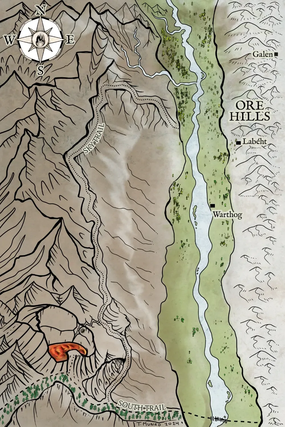 Map of the Ore Hills and vicinity, detail by Tiffany Munro, cartographer, from The Fires of Farsinchia: A Waterspell Novel by Deborah J. Lightfoot (c) 2024. All Rights Reserved.
